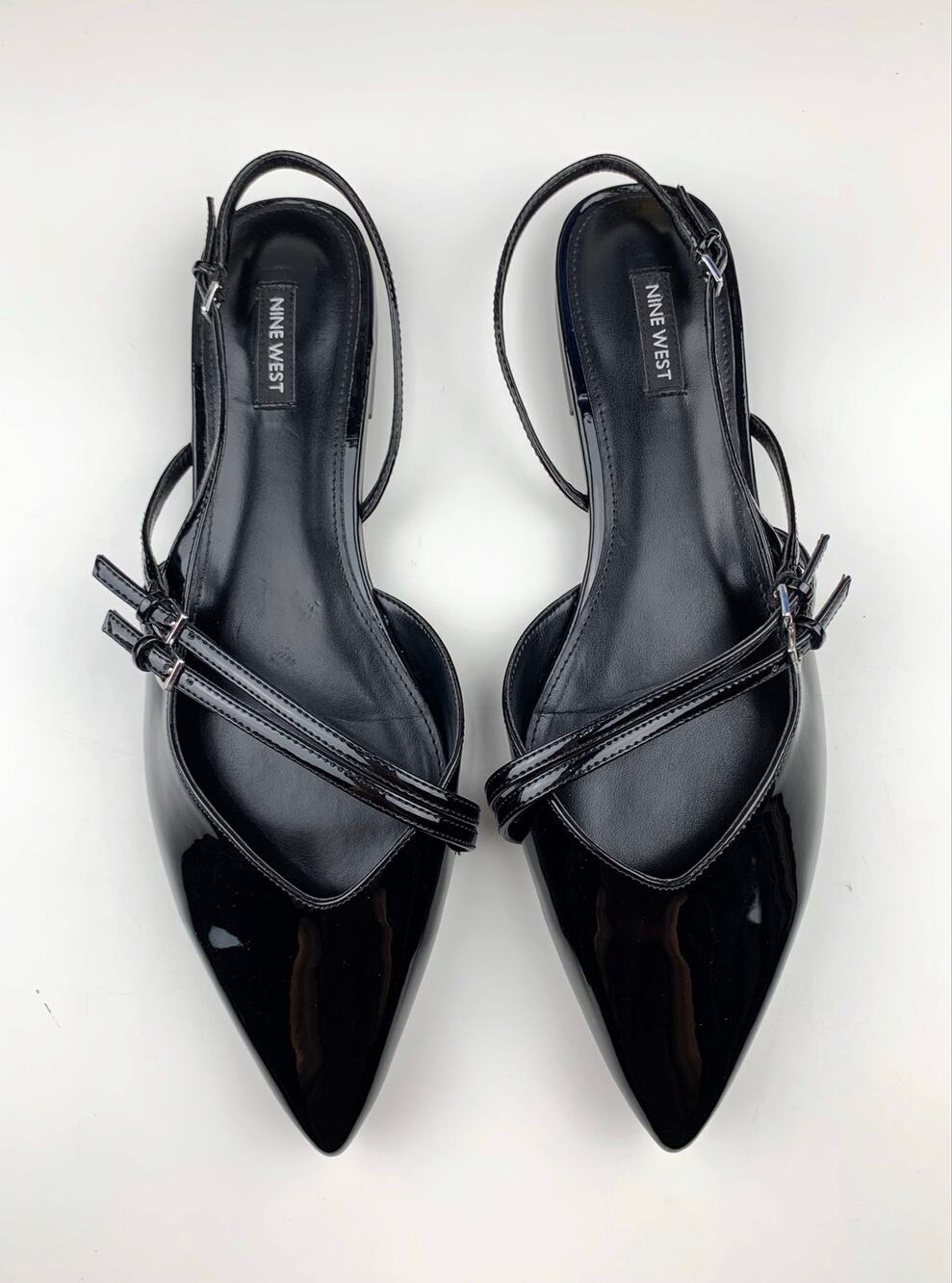 Nine West Beley Ballet Flat Pointed Toe Slingback Polished Black Shoes Womens 12